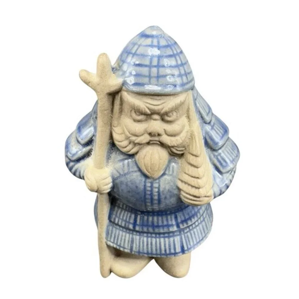Vintage Pottery Earthenware Figure Asian Blue Gray Glazed Japan Signed‎ Warrior